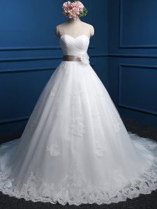 Eye-catching White Tulle Lace Up Wedding Gowns Sleeveless Brush Train Appliques and Hand Made Flower