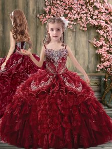 Popular Burgundy Ball Gowns Beading and Embroidery and Ruffles Child Pageant Dress Lace Up Organza Sleeveless
