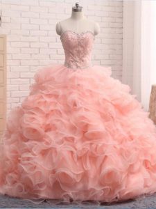 Sexy Floor Length Pink Quince Ball Gowns Sweetheart Sleeveless Zipper