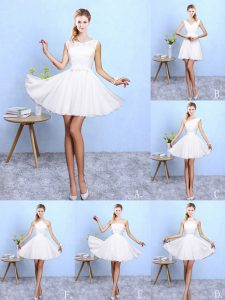 Classical White Scoop Neckline Lace and Appliques Bridesmaid Dresses Sleeveless Lace Up