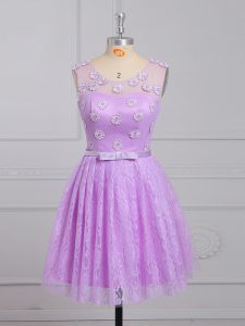 Lilac Sleeveless Appliques and Belt Mini Length Dama Dress