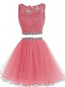 Pink Scoop Neckline Beading and Lace and Appliques Prom Party Dress Sleeveless Zipper