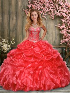 Dazzling Red Ball Gowns Taffeta Sweetheart Sleeveless Beading and Ruffles Floor Length Lace Up 15th Birthday Dress