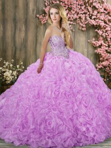 Stunning Lilac Fabric With Rolling Flowers Zipper Sweet 16 Dress Sleeveless Brush Train Beading