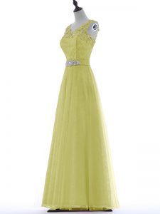 Sleeveless Tulle Floor Length Zipper in Yellow with Beading and Lace and Appliques