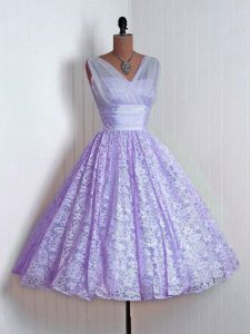 V-neck Sleeveless Bridesmaid Gown Mini Length Lace Lavender Lace