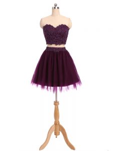 Pretty Sweetheart Sleeveless Prom Dress Mini Length Beading and Appliques Dark Purple Tulle