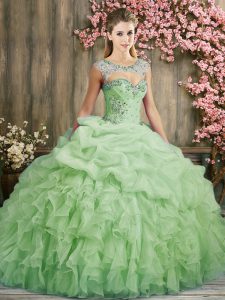 Spectacular Yellow Green Organza Lace Up Quince Ball Gowns Sleeveless Sweep Train Beading and Ruffles