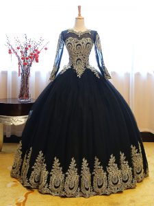 Long Sleeves Organza Floor Length Lace Up 15th Birthday Dress in Navy Blue with Appliques
