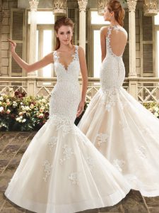 Organza Straps Sleeveless Sweep Train Backless Appliques and Embroidery Wedding Dress in White