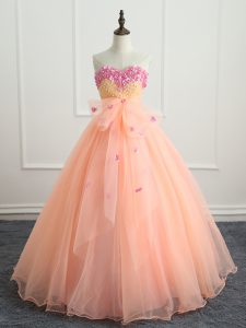 Peach 15th Birthday Dress Military Ball and Sweet 16 and Quinceanera with Beading and Appliques and Bowknot Sweetheart S