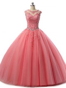 Sleeveless Floor Length Beading and Lace Lace Up Vestidos de Quinceanera with Watermelon Red