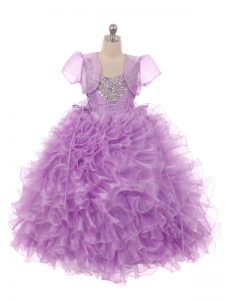 Floor Length Lace Up Girls Pageant Dresses Eggplant Purple for Wedding Party with Beading and Ruffles