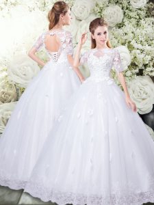 Luxurious Ball Gowns Wedding Dress White Scoop Tulle Short Sleeves Floor Length Lace Up