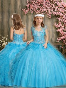 Elegant Ball Gowns Kids Pageant Dress Baby Blue Straps Tulle Sleeveless Floor Length Lace Up