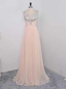 New Style Peach Empire Straps Sleeveless Chiffon Floor Length Zipper Sequins Dress for Prom