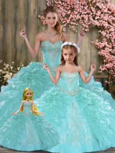 Sleeveless Organza Floor Length Lace Up Sweet 16 Dresses in Aqua Blue with Beading and Ruffles
