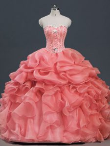 Decent Watermelon Red Ball Gowns Sweetheart Sleeveless Organza Floor Length Lace Up Beading and Ruffles and Pick Ups Qui