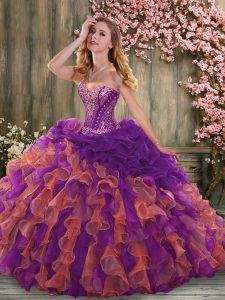 Beading and Ruffles Quinceanera Gown Multi-color Lace Up Sleeveless Brush Train