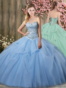 Fitting Sleeveless Beading and Pick Ups Lace Up Quince Ball Gowns with Light Blue Brush Train