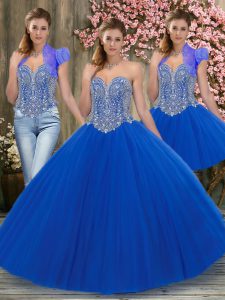 Pretty Three Pieces Quince Ball Gowns Royal Blue Sweetheart Tulle Sleeveless Floor Length Lace Up