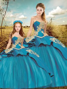 Teal Taffeta and Tulle Lace Up 15th Birthday Dress Sleeveless Court Train Beading and Embroidery