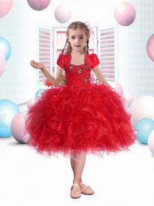 Dramatic Tea Length Red Pageant Gowns For Girls Straps Sleeveless Lace Up