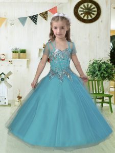 Teal A-line Spaghetti Straps Sleeveless Tulle Floor Length Lace Up Beading Girls Pageant Dresses