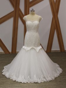 Cap Sleeves Tulle Brush Train Lace Up Wedding Gowns in White with Beading and Appliques