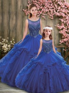 Pretty Scoop Sleeveless Quinceanera Dresses Floor Length Beading and Ruffles Royal Blue Tulle