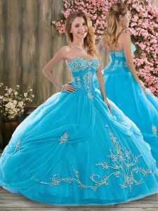 Sleeveless Floor Length Beading and Embroidery and Pick Ups Lace Up Ball Gown Prom Dress with Baby Blue