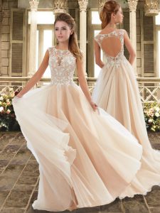 Free and Easy Champagne Wedding Dresses Wedding Party with Lace Scoop Sleeveless Brush Train Backless