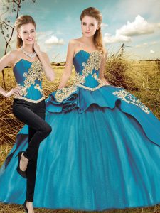 Custom Made Teal Sweetheart Lace Up Beading and Embroidery Ball Gown Prom Dress Court Train Sleeveless