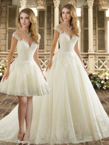 White V-neck Neckline Lace Wedding Dresses Cap Sleeves Clasp Handle