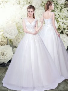 Cute Sleeveless Floor Length Appliques Lace Up Wedding Dresses with White
