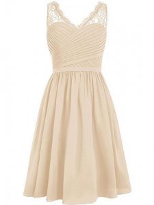 Sleeveless Chiffon Knee Length Side Zipper Vestidos de Damas in Champagne with Lace and Ruching