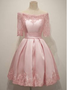 Stylish Pink Taffeta Lace Up Bridesmaid Gown Half Sleeves Knee Length Lace