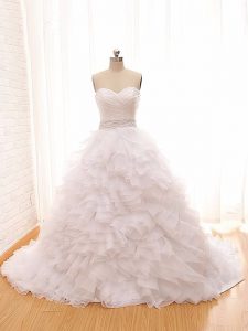 New Arrival Sweetheart Sleeveless Tulle Wedding Gown Beading and Ruffles Brush Train Lace Up