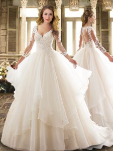 White 3 4 Length Sleeve Brush Train Lace and Ruffles Wedding Dress
