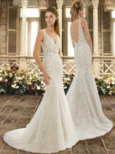 Fashion Sleeveless Lace Backless Wedding Dresses with White Brush Train