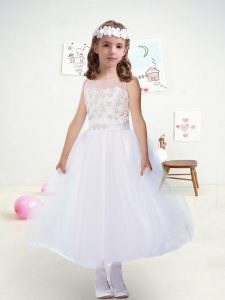 White Ball Gowns Beading and Lace and Appliques and Belt Flower Girl Dresses for Less Zipper Tulle Sleeveless Ankle Leng