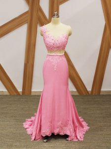 Exceptional Scoop Sleeveless Brush Train Zipper Prom Party Dress Baby Pink Elastic Woven Satin