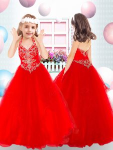 Red Little Girl Pageant Dress Party and Wedding Party with Beading Halter Top Sleeveless Zipper