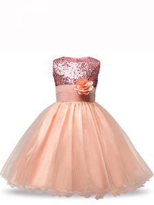 Peach Organza Zipper Scoop Sleeveless Knee Length Little Girls Pageant Dress Sequins and Hand Made Flower