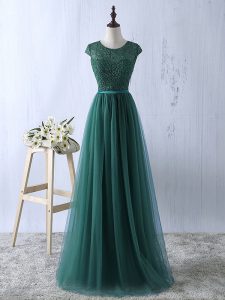 Attractive Floor Length Dark Green Homecoming Dress Scoop Short Sleeves Zipper