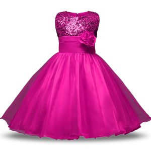 Organza and Sequined Sleeveless Knee Length Toddler Flower Girl Dress and Bowknot and Belt and Hand Made Flower
