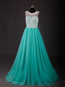 Sleeveless Chiffon Sweep Train Zipper Prom Party Dress in Turquoise with Lace and Embroidery