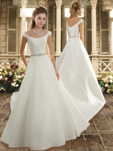 Glittering Off The Shoulder Cap Sleeves Wedding Dresses Court Train Beading White Satin