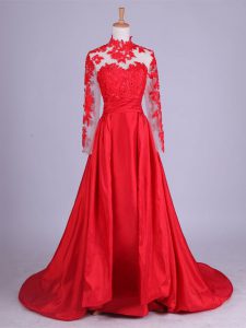 Halter Top Long Sleeves Brush Train Zipper Mother of Bride Dresses Red Taffeta