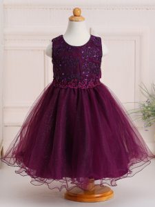 Beauteous Sleeveless Knee Length Appliques Zipper Little Girls Pageant Dress Wholesale with Burgundy